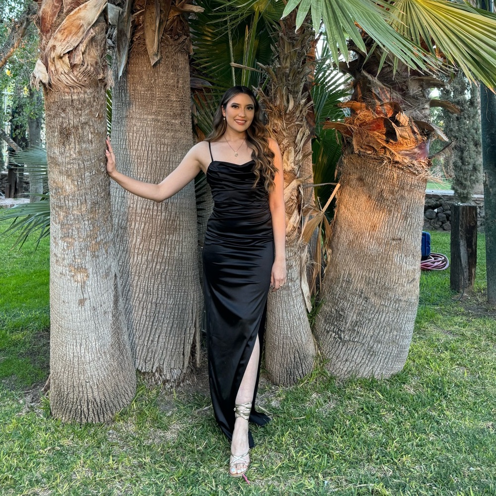 Spaghetti strap, black satin formal gown